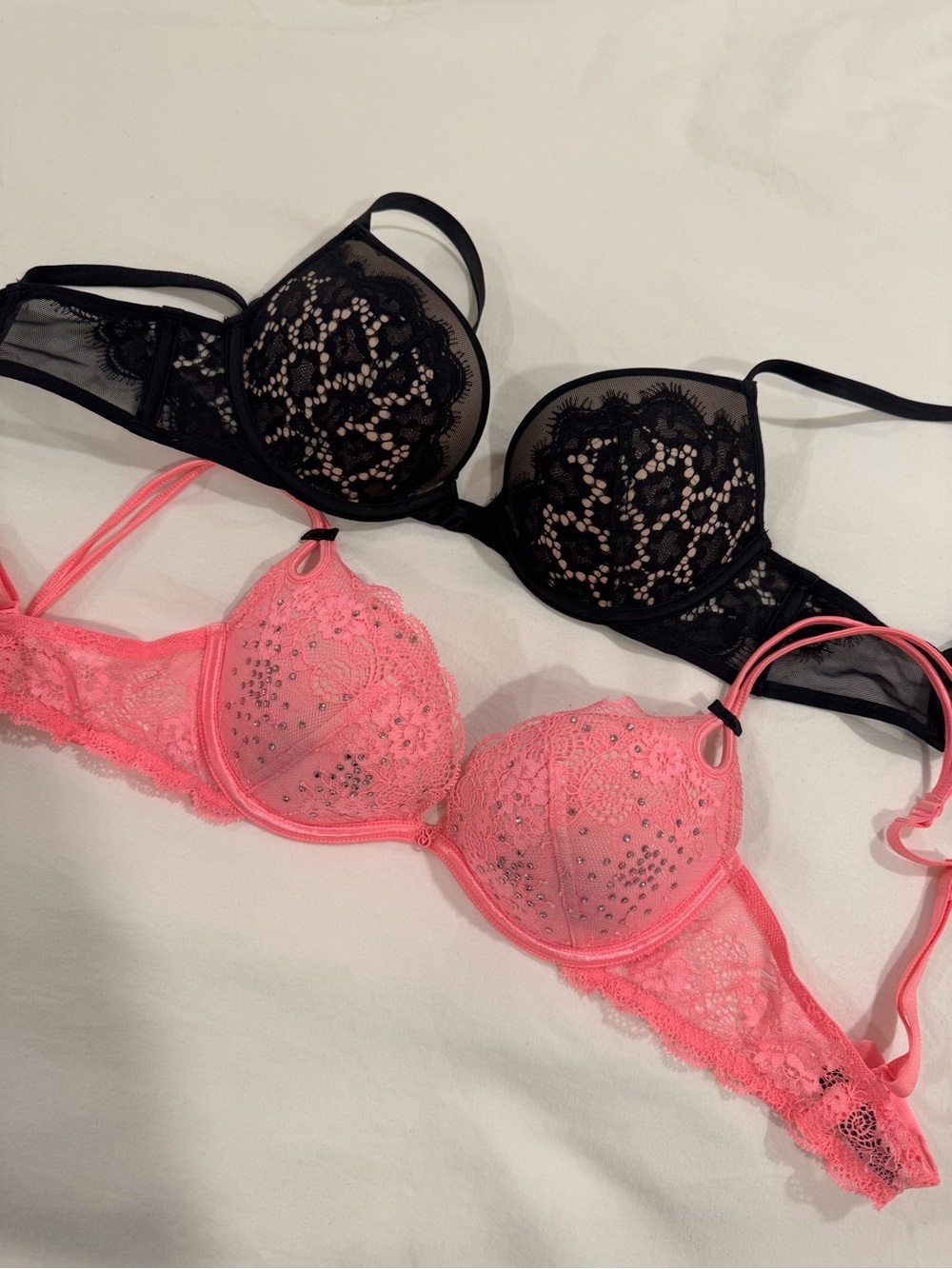 Victoria's Secret Very Sexy Push-up:Black Lace & Neon Coral Pink Rhinestone Bras